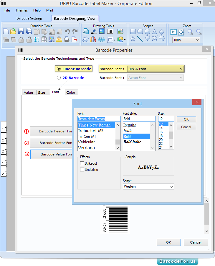 Barcode Properties - Font Tab